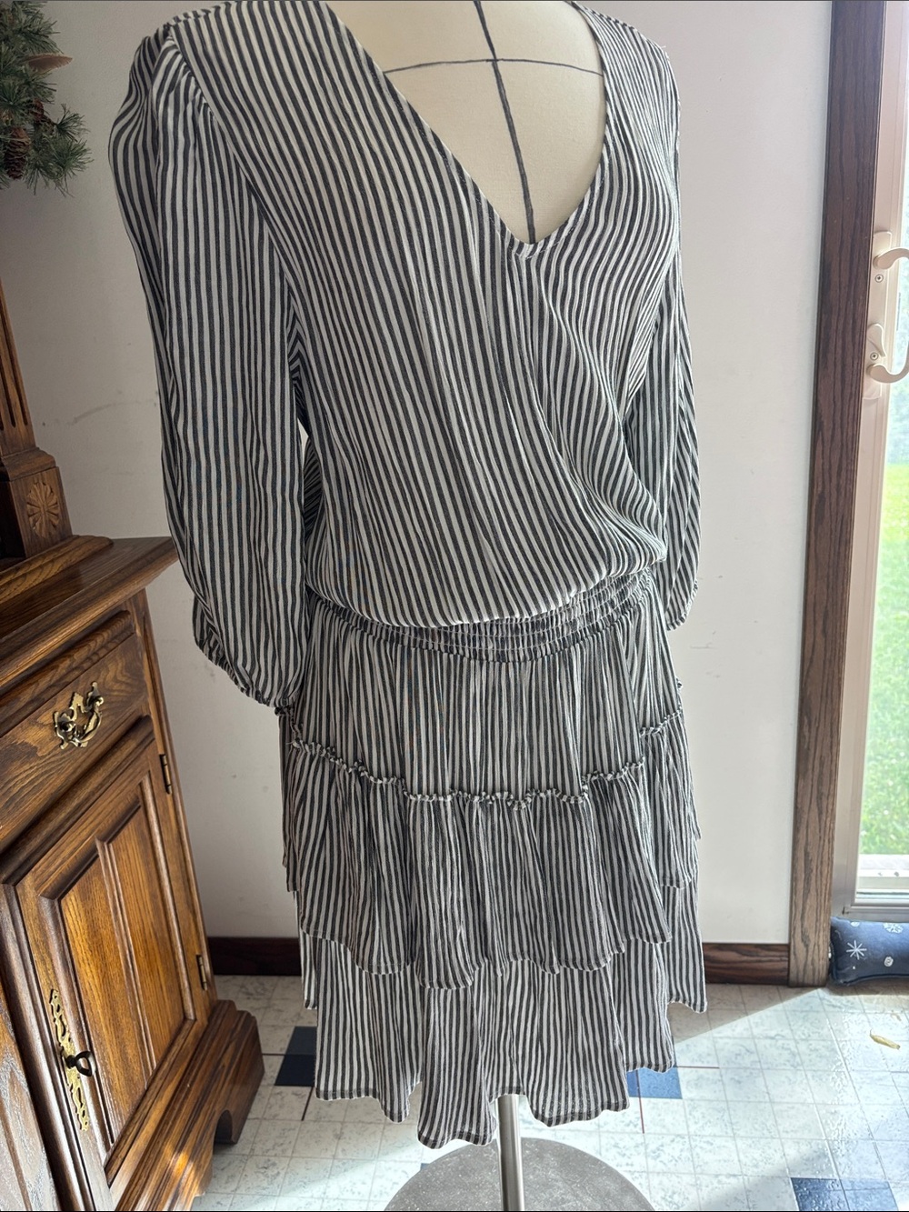 Black & White Striped V-Neck Tiered Midi Dress